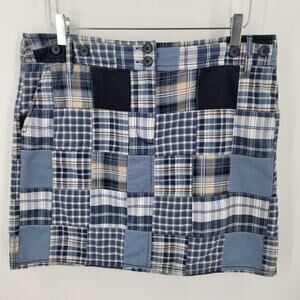 Loft Petites Skirt Womens 12P Blue Plaid Patchwork Cotton Pockets Lined Preppy